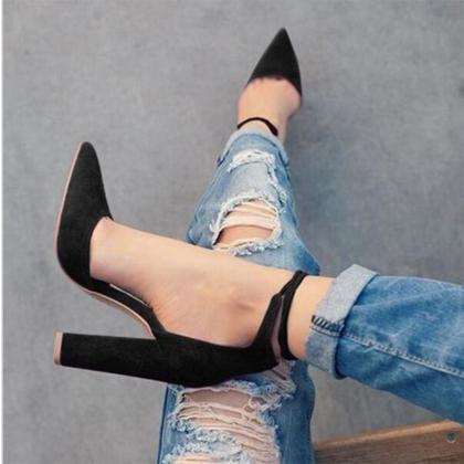 Pointed Toe Low Cut Ankle Lace Up High Chunky..