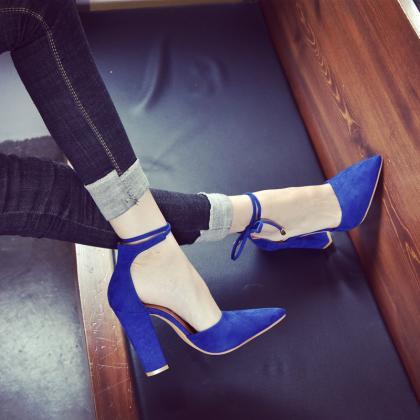 Pointed Toe Low Cut Ankle Lace Up High Chunky..