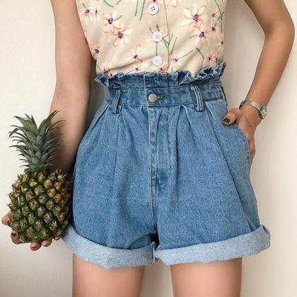 Ruffles High Waist Curled Edge Solid Color Shorts