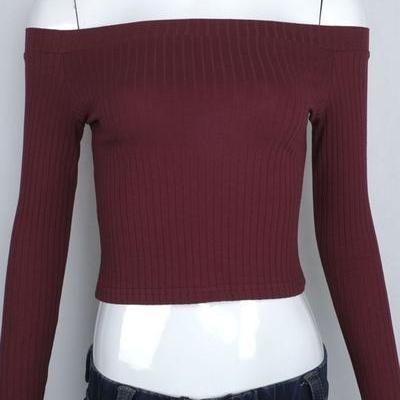 Ribbed Knit Off-The-Shoulder Long S..