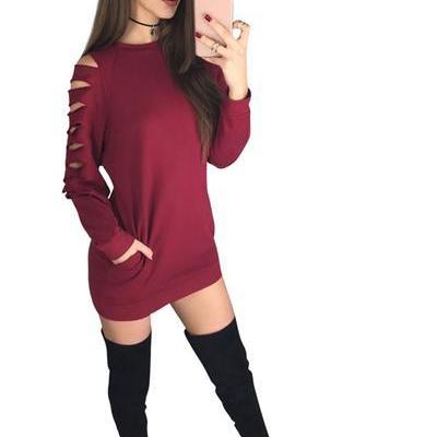 Pure Color Long Sleeves Hollow Out Long Sweatshirt