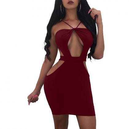 Bandage Cut Out Pure Color Backless Short Bodycon..