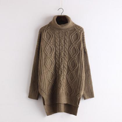 High Neck Cable Knitted Loose Long Sweater