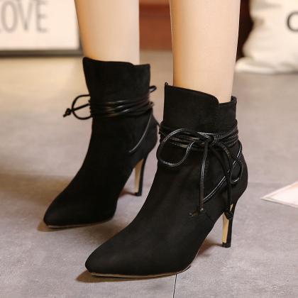 Faux Suede Pointed-toe High Heel Mid-calf Boots..