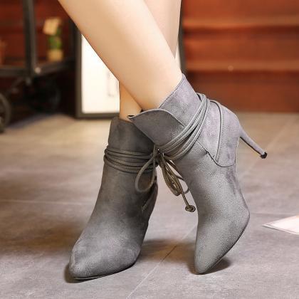 Faux Suede Pointed-toe High Heel Mid-calf Boots..
