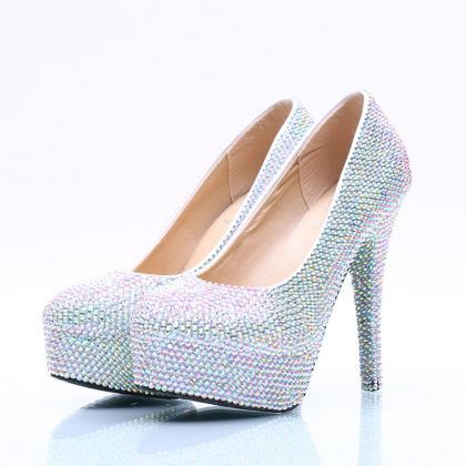 Crystal Beadings Round Toe Low Cut Stiletto High..