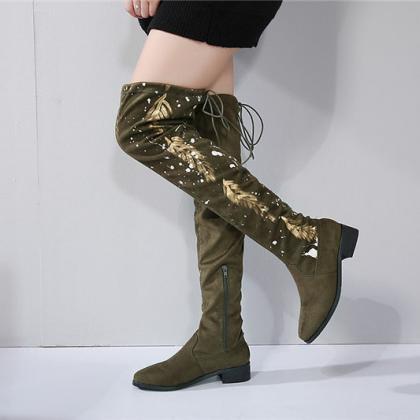 Flat Over-the-knee-boots With Leaf And Splash..