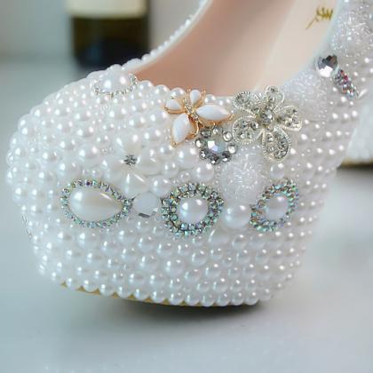 Crystal Beads Round Toe Low Cut Stiletto High..