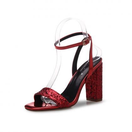 Square Open-toe Sequin Ankle Strap Chunky Heels,..