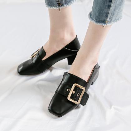 Square-toe Buckle Low Chunky Heels on Luulla