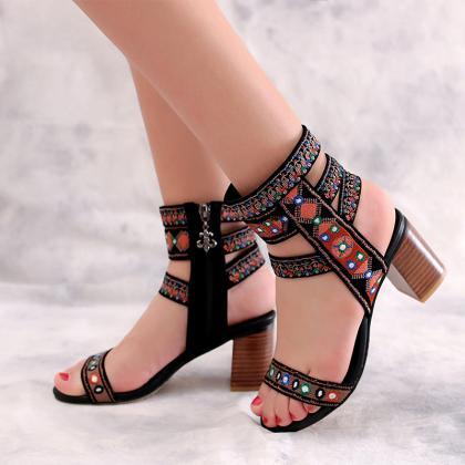 Hand Wave Embroidery Middle Chunky Heel Open Toe..
