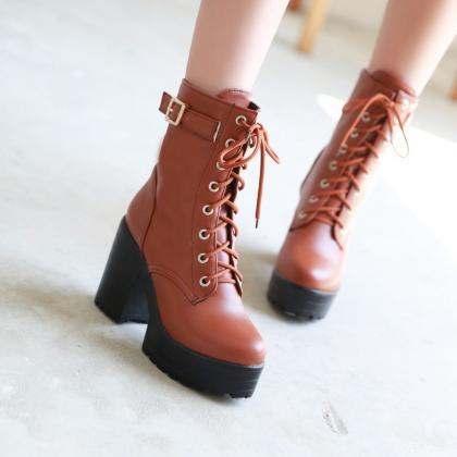 High Platform Lace Up Middle Chunky Heel Short..