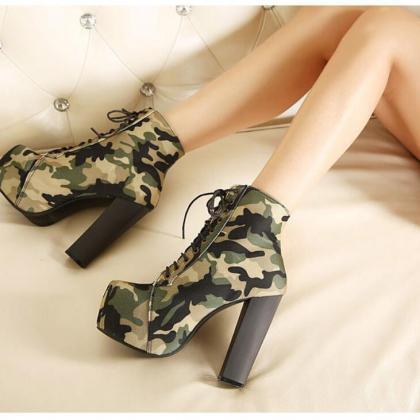 Pu Camouflage Chunky Heel Round Toe Lace-up High..