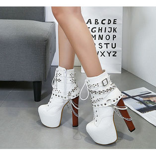 Pu Pure Color Rivets Lace-up Chunky Heel Round Toe..