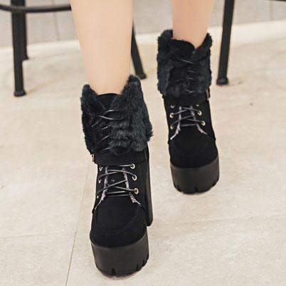 Pu Pure Color Lace-up Chunky Heel Round Toe High..