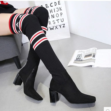Suede Patchwork Chunky Heel Square Toe High Heels