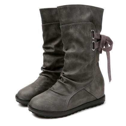 Pu Pure Color Slope Heel Round Toe Boots