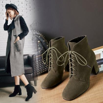 Suede Chunky Heel Round Toe Pure Color Short Boots