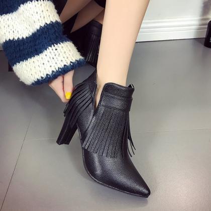 Pointed Toe High Heel Leather Ankle Boots With..