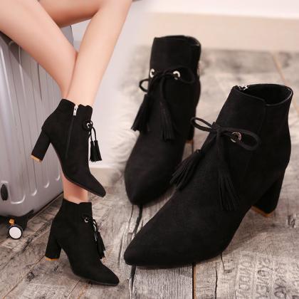 Suede Pure Color Chunky Heel Pionted Toe Short..