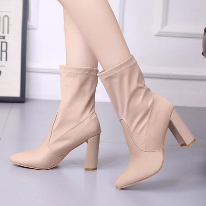 Suede Pure Color Chunky Heel Pionted Toe Boots
