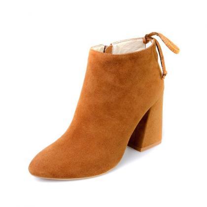 Suede Pure Color Chunky Heel Pionted Toe Zipper..