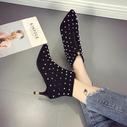 Studded Embellished Faux Suede Pointed-toe High..