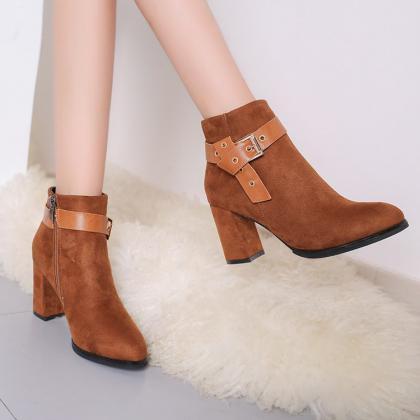 Suede Pure Color Chunky Heel Pointed Toe High..