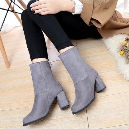 Faux Suede Rounded-toe Chunky Heel Mid-calf Boots..