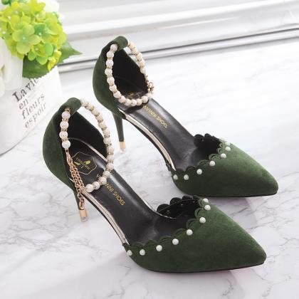 Suede Pointed Pearl Embellished Ankle Strap..