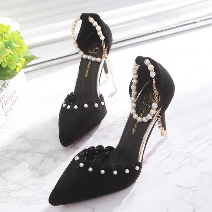 Suede Pointed Pearl Embellished Ankle Strap..