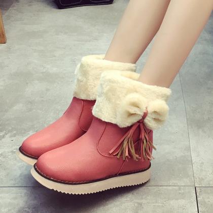 Pu Pure Color Flat Round Toe Short Boots