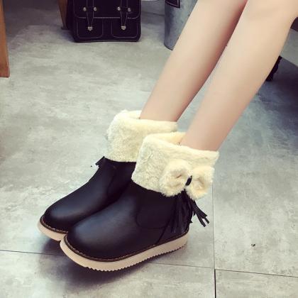 Pu Pure Color Flat Round Toe Short Boots