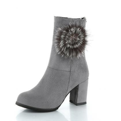 Faux Suede Rounded Toe Chunky Heel Mid-calf Boots