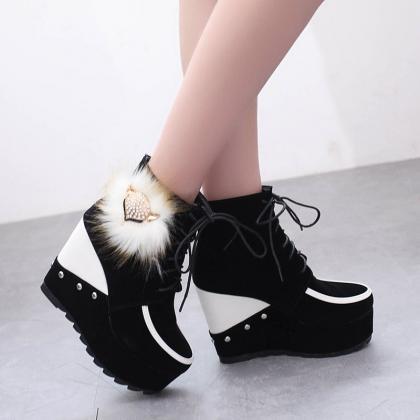 Scrub Pure Color Slope Heel Round Toe Short Boots