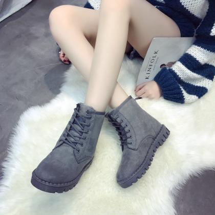 Suede Pure Color Lace-up Round Toe Boots