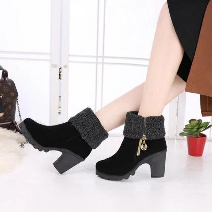 Chunky Heel Suede Pure Color Round Toe High Boots