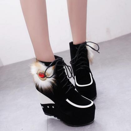 Scrub Pure Color Rivets Lace-up Slope Heel Round..