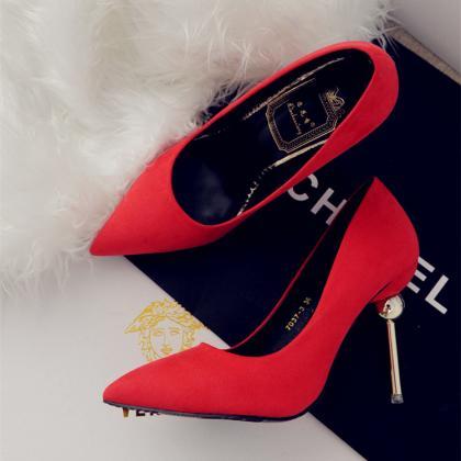 Red Faux Suede Pointed-toe High Heel Metal Accent..
