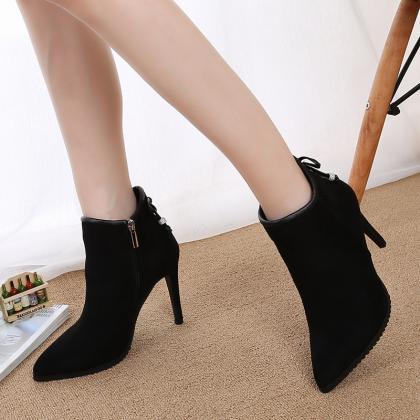Faux Suede Pointed-toe High Heel Ankle Boots..