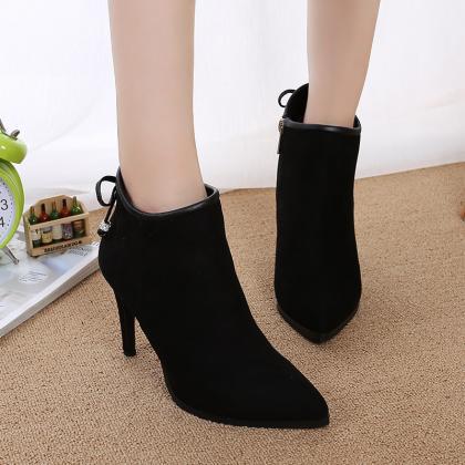 Faux Suede Pointed-toe High Heel Ankle Boots..