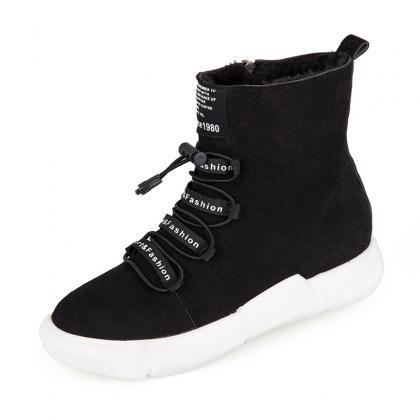 Shoes Pure Color Round Toe Suede Lace-up Boots