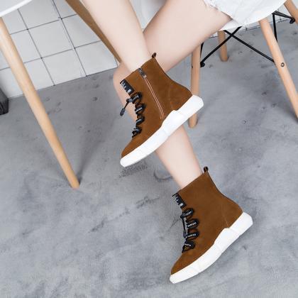 Shoes Pure Color Round Toe Suede Lace-up Boots