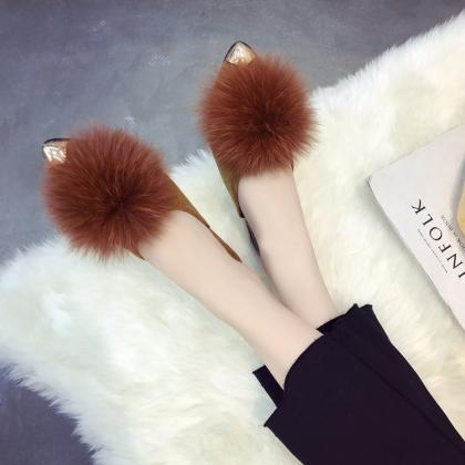 Pointed-toe Fur Flats Slip-on Mules Sandals