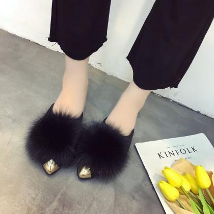 Pointed-toe Fur Flats Slip-on Mules Sandals
