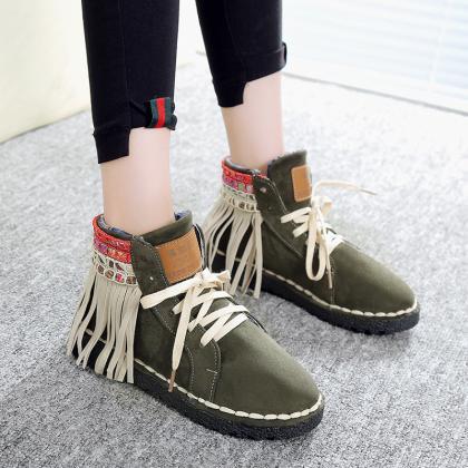 Suede Patchwork Tassel Lace-up Round Toe Boots