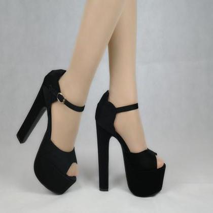 Suede Pure Color Lace-up Chunky Heel Peep Toe High..