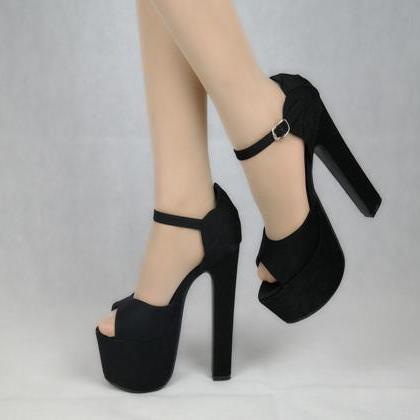 Suede Pure Color Lace-up Chunky Heel Peep Toe High..