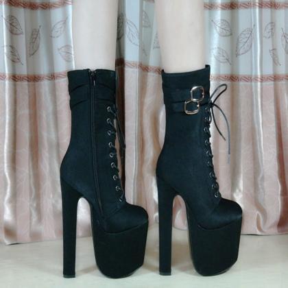 Suede Lace-up Zipper Chunky Heel Round Toe High..