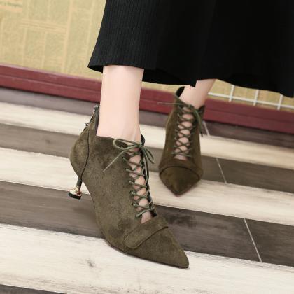 Suede Pointed-toe Lace-up Kitten Heel, Short Boots
